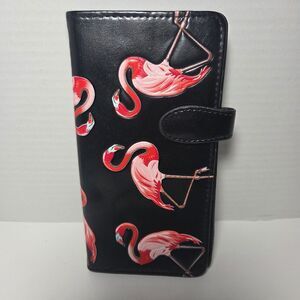 Vtg Shag Wear Flamingo Bifold Wallet Black Vegan Leather Tropical Y2K Pop Art